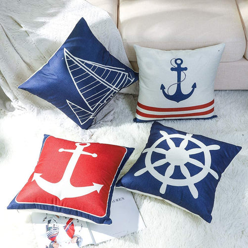 JOTOM Set of 4 Decorative Cushion Covers Square Nautical Sailing Throw Pillow Covers Home Decor Design Set Covers Cushion Case for Sofa Bedroom Car 18x18 Inches (Anchor)