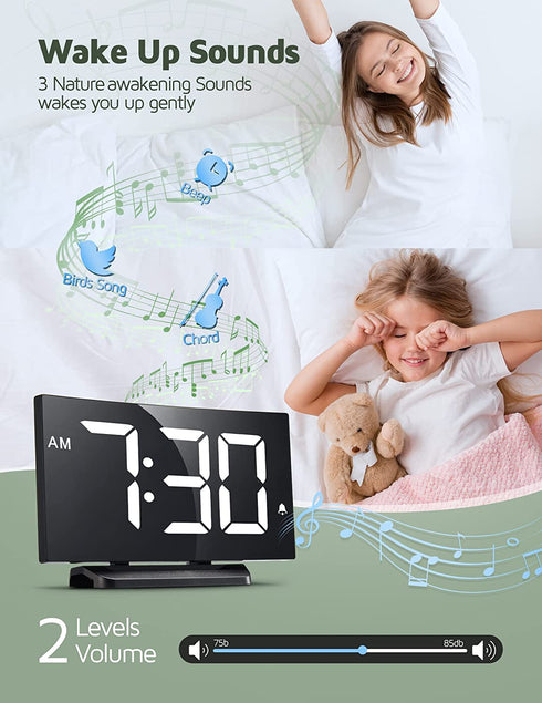Digital Alarm Clocks for Bedrooms, Ultra-Clear Curved Screen Bedside Clock with 6 Brightness Levels,Snooze,12H/24H Format, Adjustable Volume,3 Alarm Sounds for Nightstand Office Living Room,White