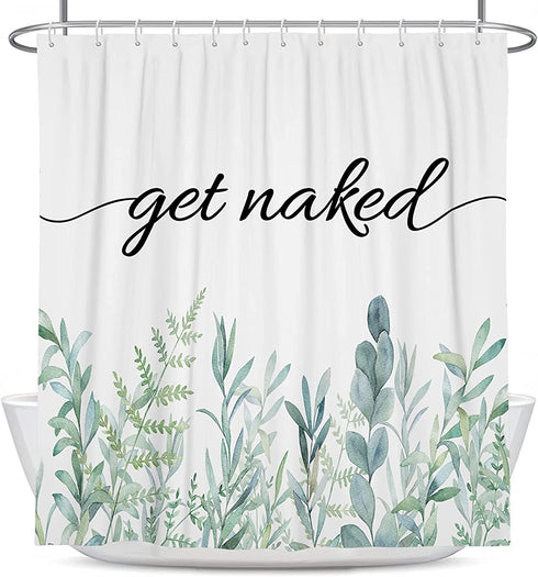 Coxila Get Naked Shower Curtain 60x72 inch Funny Green Leaves Flower Floral Cool Quotes Bathroom Curtain Polyester Fabric Waterproof 12 Pack Hooks