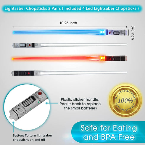Light Up Lightsaber Chopsticks -Durable Lightweight Portable BPA Free and Food Safe Kitchen Dinner Party Tableware Gifts (4 Pairs, Red, Blue, Green, Purple)