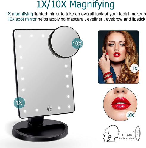 Lighted Vanity Makeup Mirror with 21 LED Lights and 10X Magnification Mirror?Cosmetic Beauty Mirror with Double Power Supply,Touch Sensor Screen Light Up Mirror for Makeup 180° Rotation (Black)