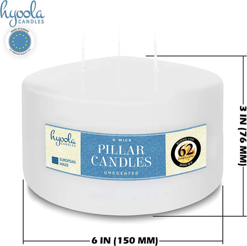 Hyoola White Three Wick Large Candle - 6 x 3 Inch - Unscented Big Pillar Candles - 62 Hour - European Made
