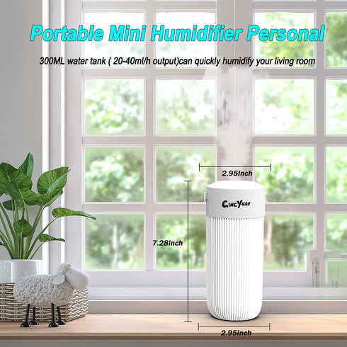 Humidifier Diffuser Small with Nightlight, Mini Portable Cool Mist Humidifier for Car, USB Charging Port, Quiet Humidifier for Baby Bedroom, Auto Shut-off, White