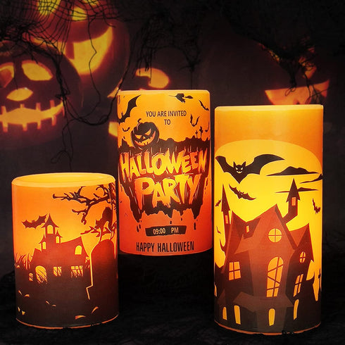 YUROZAC Halloween Flameless Candles with Timer, Flickering Battery Operated Real Wax LED Pillar Candles for Halloween Decoration Set of 3 (D3"xH 4"5"6"), Castle Cat Pumpkin Decals