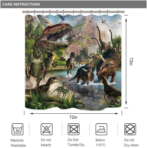 Riyidecor Dinosaur Shower Curtain Boys Kids Animal Dino Jungle Forest Mountain Decor Fabric Bathroom 72x72 Inch 12 Pack Plastic Shower Hooks Included WW-II4C