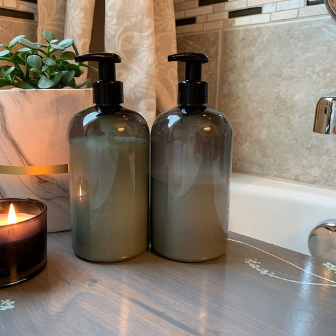 Bottiful Home-16 oz Empty PET Plastic Refillable Bottles-Set of 4-with Lotion Pumps for Shampoo, Conditioner, Body Wash, Hand Soap, Dish Soap, Lotion, Cleanser-Drip Free, Rust-Free (Gray)