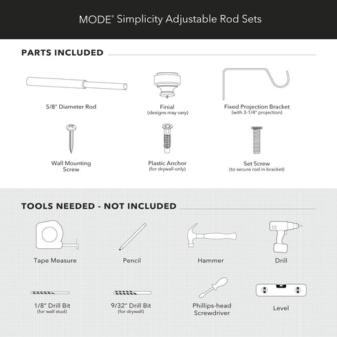 Mode Simplicity Single Curtain Rod set with Square Finials - 32 to 90 in, White