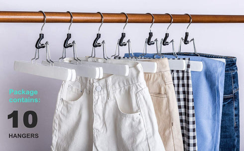 Amber Home White Wooden Pants Hangers 10 Pack, Wood Clamp Hangers with Non Slip Padded Velvet, Jeans/Slacks Hangers Hair Extension Hangers for Skirts, Trousers, Wig (White, 10)