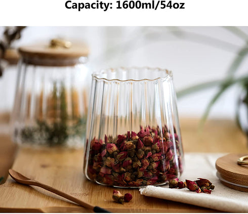 Glass Coffee Nuts Canister Airtight Storage Jar Petal Decorative Container with Bamboo Lid Metal Handle Easy to Grasp 1600ml, 54 FL OZ (Large Conical)
