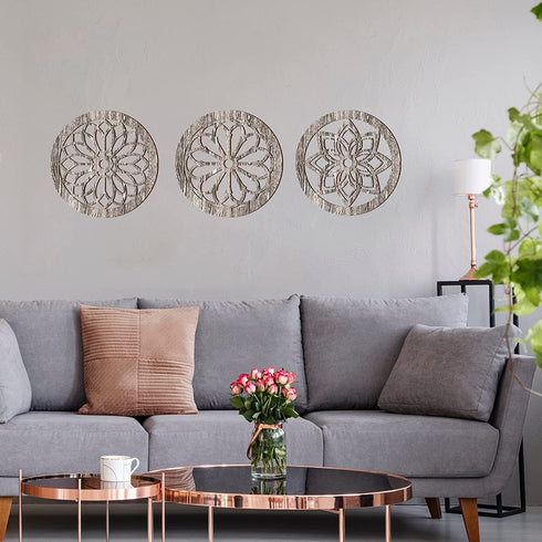 3 Pcs Thickened Wooden Rustic Wall Decor Flower Carved Wall Art Farmhouse Geometric Frame Hanging Art Decor for Home Decor (Light Brown,Round)
