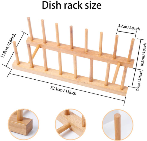 2Pack Bamboo Wooden Dish Rack, Plate Rack Stand Pot Lid Holder, Kitchen Cabinet Organizer for Cup, Cutting Board, Bowl, Drying Rack and More