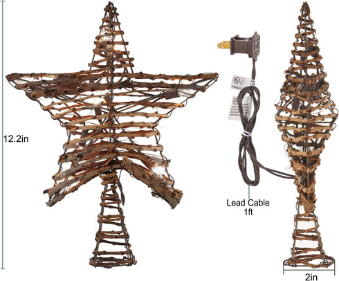 Christmas Star Tree Topper,12" Rattan 3D Star Tree Topper Plug in Metal Hollow Designed Built in 10 Bulbs String Lights for Indoor Office Xmas Christmas New Year Holiday Tree Decoration