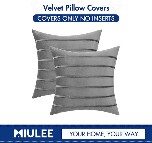 MIULEE Decorative Velvet Throw Pillow Covers Soft Solid Pillowcases Striped Lumbar Square Cushion Covers for Couch Sofa Bed Living Room 18x18 inch, Pack of 2, Grey