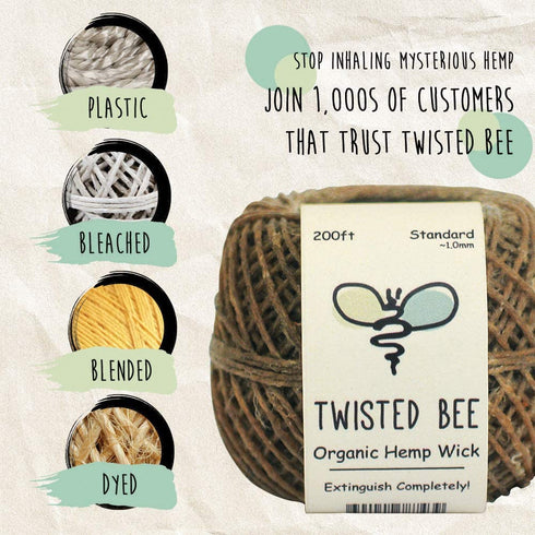 Twisted Bee 100% Organic Hemp Wick with Natural Beeswax Coating, (200ft x Standard Size)