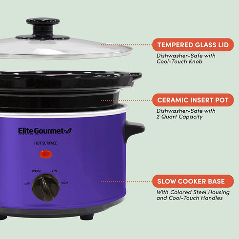 Elite Gourmet MST-275XP Electric Oval Slow Cooker, Adjustable Temp, Entrees, Sauces, Stews & Dips, Dishwasher Safe Glass Lid & Crock (2 Quart, Purple)
