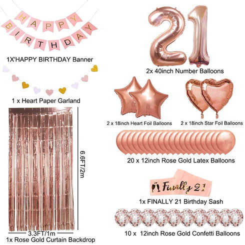 21st Birthday Decorations Party Supplies Kit for Her - Finally 21st Birthday Sash, Happy Birthday Banner, Number 21 Birthday Balloons, Rose Gold Curtain,Confetti Balloons, Heart & Star Foil Balloon, Latex Balloons