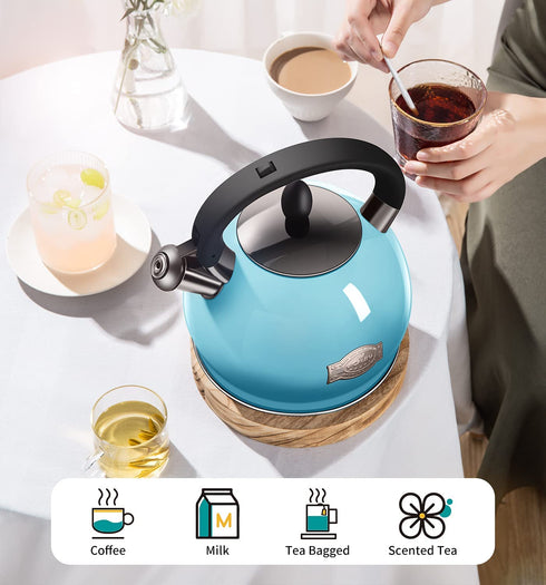 VICALINA Tea Kettle & Tea Pot, Stainless Steel Tea Kettle for Stove top, 2.64 Quart Whistling Loud Tea Kettles (Polished Light Blue)