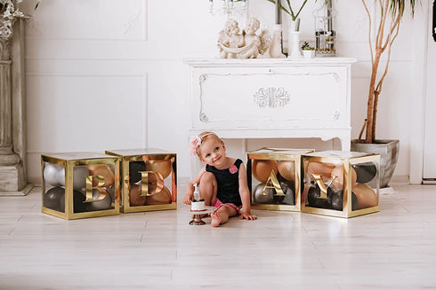 Gold Transparent Balloon Boxes With 27 Letters - Baby Shower Decorations For Baby Boy Or Girl - 1st Birthday, Bridal Shower, Gender Reveal Party Decoration Balloon Box - Reusable Favors In Giftbox
