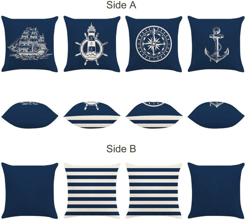 Bonhause Nautical Navy Blue Throw Pillow Covers 18 x 18 Inch Set of 4 Anchor Lighthouse Sailboat Compass Decorative Pillow Cases Linen Cushion Covers for Sofa Couch Bed Home Decor