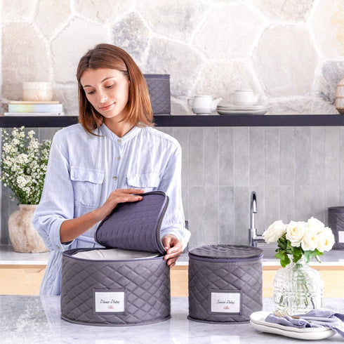 7" Saucer Plate Storage Case with 12 Felt Dividers - Padded Protection to Transport, Store and Organize Dinnerware Dishes