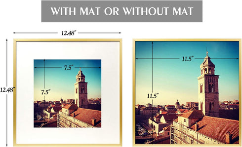 Golden State Art, 12x12 Aluminum Photo Frame with Ivory Mat for 8x8 Pictures - Sawtooth Hangers, Spring Clips - Wall Mounting - Real Glass - Metal Frame (Gold, 1-Pack)