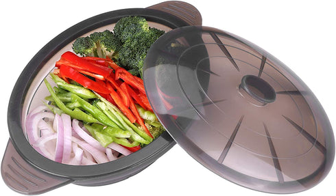 Microwave Steamer Collapsible Bowl-Silicone Steamer with Handle & Lid for Meal Prep with Detachable Partition, Easy to Store, BPA Free?Microwave Cookware, Freezer & Dishwasher Safe, Black