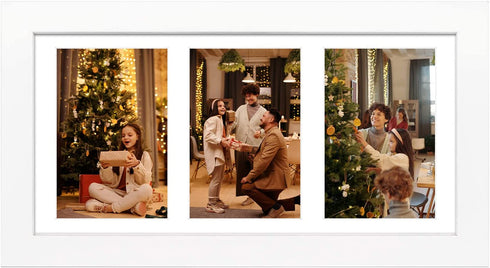 Golden State Art, 7x14 White Photo Wood Collage Frame, for (3) 4x6 Pictures, with White Mat & Real Glass