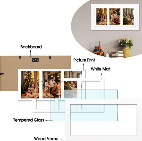Golden State Art, 7x14 White Photo Wood Collage Frame, for (3) 4x6 Pictures, with White Mat & Real Glass