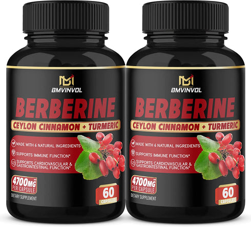 BMVINVOL (2 Packs) Berberine Supplement 4700mg Plus Ceylon Cinnamon, Turmeric - 120 Capsules - Supports Immune Function - Berberine HCl Supplement Pills - 4 Months Supply