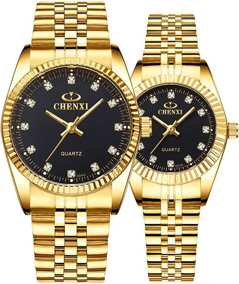 Couple Watches Classic Golden Stainless Steel Watch His and Hers Waterproof Quartz Watch