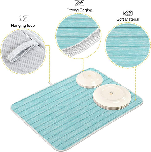 ALAZA Dish Drying Mats for Kitchen Counter Retro Teal Turquoise Blue Absorbent Microfiber Large Drying Pad Dish mats for Kitchen Countertops 18 x 24 Inch