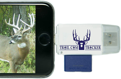 Trail Cam Tracker SD Card Reader for iPhone & Android Micro USB – Best & Fastest Game Camera Viewer – Deer Hunting Smartphone Memory Card Player - Free Case- Hunt Big Bucks