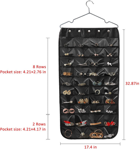 Hanging Jewelry Organizer, Double Sided 40 Pockets and 20 Magic Tape Hook Jewelry Organizer, Necklace Holder Jewelry Chain Organizer for Earrings Necklace Bracelet Ring with Hanger, Black