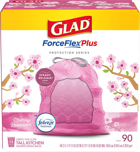 GLAD Protection Series ForceFlex Plus Drawstring Cherry Blossom Odor Shield, Pink, 13 Gallon, 90 Count