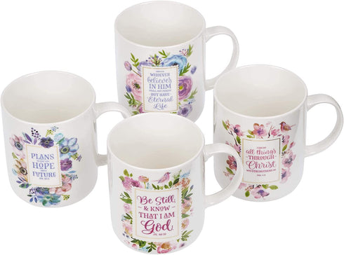 Christian Art Gifts Ceramic Coffee/Tea Mug Set for Women | Inspirational Watercolor Flowers Design Bible Verse Mug Set | Boxed Set/4 Coffee Cups