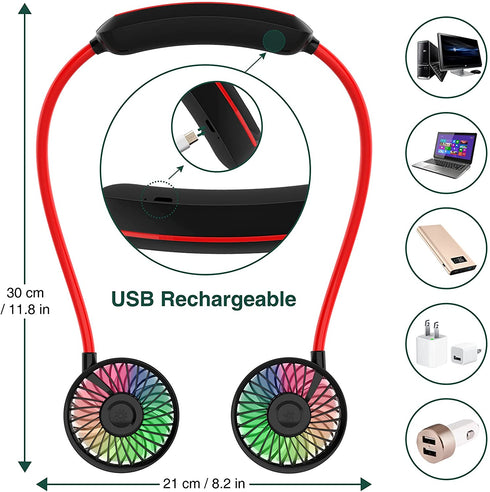 (2022 Upgraded) Hands Free Portable Neck Fan - Rechargeable Mini USB Personal Fan Battery Operated with 3 Level Air Flow, 7 LED lights for Home Office Travel Indoor Outdoor (NEW- BLACK+RED)