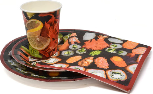 Sushi Party Supplies Tableware Set 24 9" Plates 24 7" Dessert Plate 24 9 Oz. Cups 50 Lunch Napkins for Let's Roll Japanese Sushi Fish Rice Soy Chinese New Years Parties Birthday Disposable Paper Goods