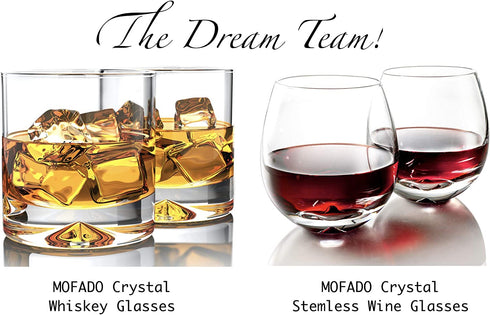 MOFADO Crystal Stemless Wine Glasses - Classic Elegance - 15oz (Set of 4) - Hand Blown Crystal in a Luxury Gift Box - For Red and White Wine - Beautiful Gift for Any Occasion