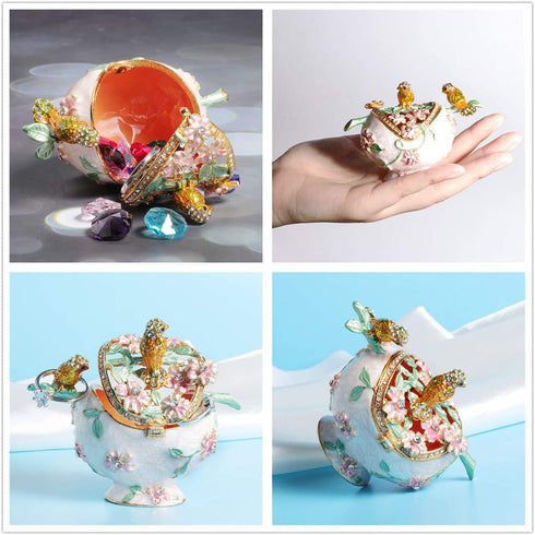 Waltz&F Metal Double Bird and Flower Trinket Box Jeweled Hand-Painted Ring Holder Animal Collectible Figurine Decoration