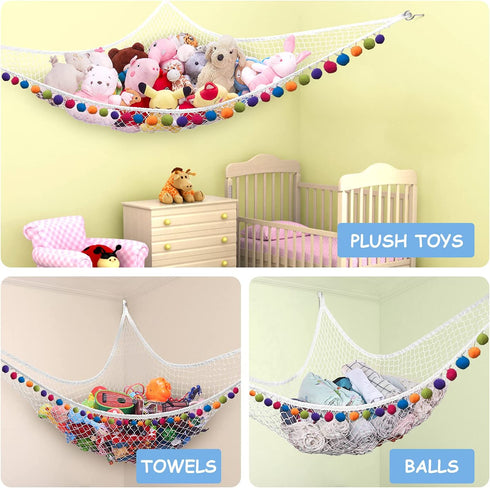 CanJoo Stuffed Animal Net, Stuffed Animal Hammock Wall Hanging Mesh Toy Hammock for Stuffed Animals Jumbo Stuff Animal Toy Organizer Storage Net Plush Toy Corner Net Holder for Kids' Play Room Bedroom White
