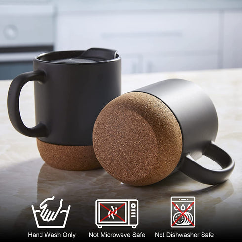 Ceramic Coffee Mugs with Lid, ALELION 13 oz Coffee Mug Set with Cork Bottom and Spill-resistant Lid, Christmas Coffee Mugs Gift Set for Women Men, Comfortable Handle for Home and Office, Black,2Pcs