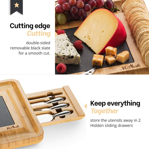 MITBAK Charcuterie Board Tray with 12 Cheese Utensils | Bamboo Cheese Board Serving Tray | Cutting Board Platter Housewarming, Wedding Mom Gifts| 16 x 13 x 2 "