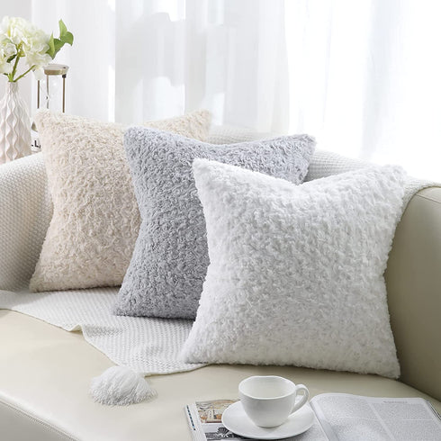 Bright White Fur Throw Pillow Covers 3D Rose Pattern Set of 2 20x20 Inch Fluffy Decorative Pillow Covers for Couch Bed Sofa