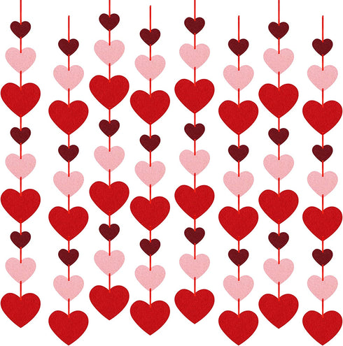 8 Packs Valentines Day Felt Heart Hanging String Garlands - NO DIY - Valentines Decorations - Valentine's Day Party Decorations Supplies - Valentines Burgundy Pink Red Heart Garland Decorations