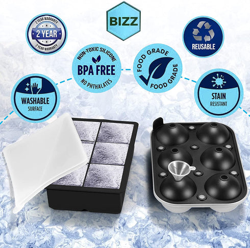 MIGVELA Ice Cube Mold - 2 Inch Large Round Sphere Whiskey Ice Ball Mold & Square Ice Cube Tray with Lid and Funnel for Freezer, Silicone Ice Ball Maker Mold for Cocktails Brandy Bourbon Wine