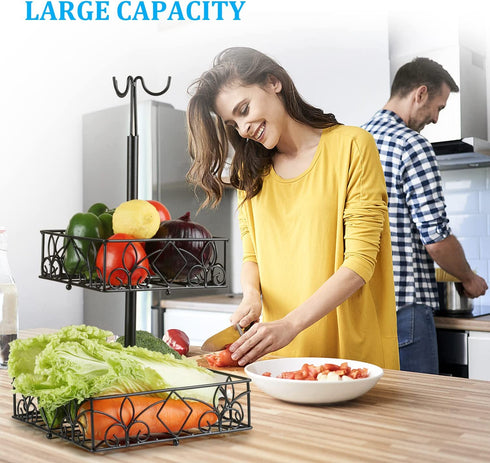 WRYISSE Flower Lattice 2 Tier Countertop Fruit Basket Bowl with 3 Banana Hanger Rectangular Metal Fruit Storage Basket Stand for Vegetable Eggs Snacks (Black, Flower Design)
