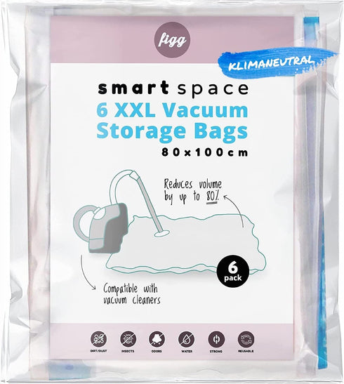 figg Vacuum Compression Storage Bags - XXL (39 x 31 in) 6 Pack - Leakproof, Carbon neutral and reusable - Vacuum seal bags for Clothes, Pillows, Towel, Blanket and much more