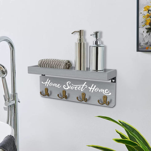 buways Wall-Mounted Key and Mail Holder, Wooden Key Rack with 4 Double Key Hooks, Rustic Home Decor for Entryway(Gray)