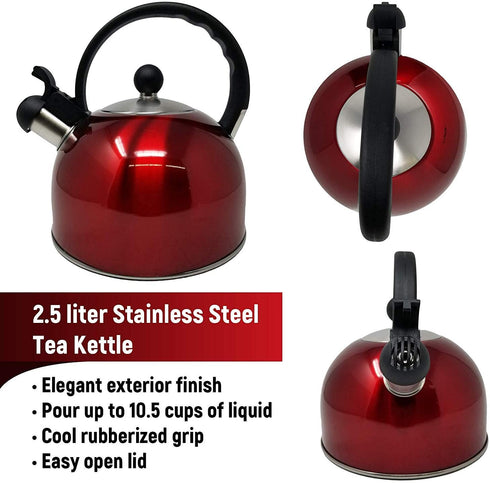 2.5 Liter Whistling Tea Kettle - Modern Stainless Steel Whistling Tea Pot for Stovetop with Cool Grip Ergonomic Handle (Red)