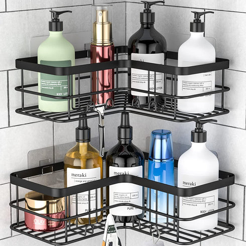 Yazoni Black Corner Shower Caddy, Adhesive Shower Organizer Corner, Bathroom Corner Shower Shelves Shampoo Holder with Hooks, Rust-proof Stainless Steel